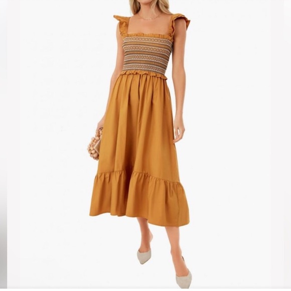 En Saison Dresses & Skirts - En Saison Women’s Marigold Yellow Ruffle Penelope Smocked Midi Dress Size Medium